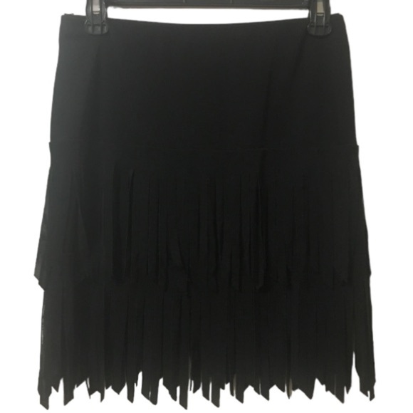 JS Collections Black Fringed Mini Skirt Size 4 - Picture 2 of 6